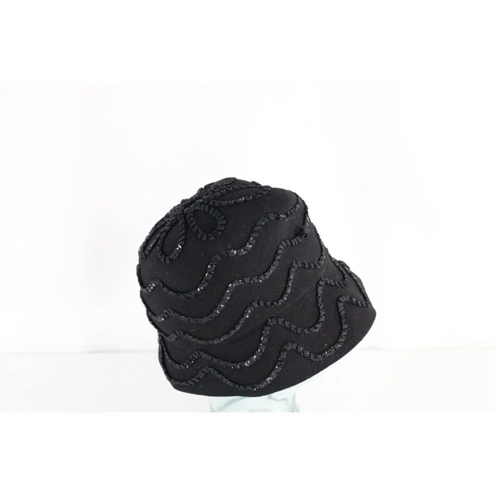 Vintage 50s Rockabilly Wool Felt Sequined Flower Bucket Hat Cap Black Womens USA - Picture 6 of 9